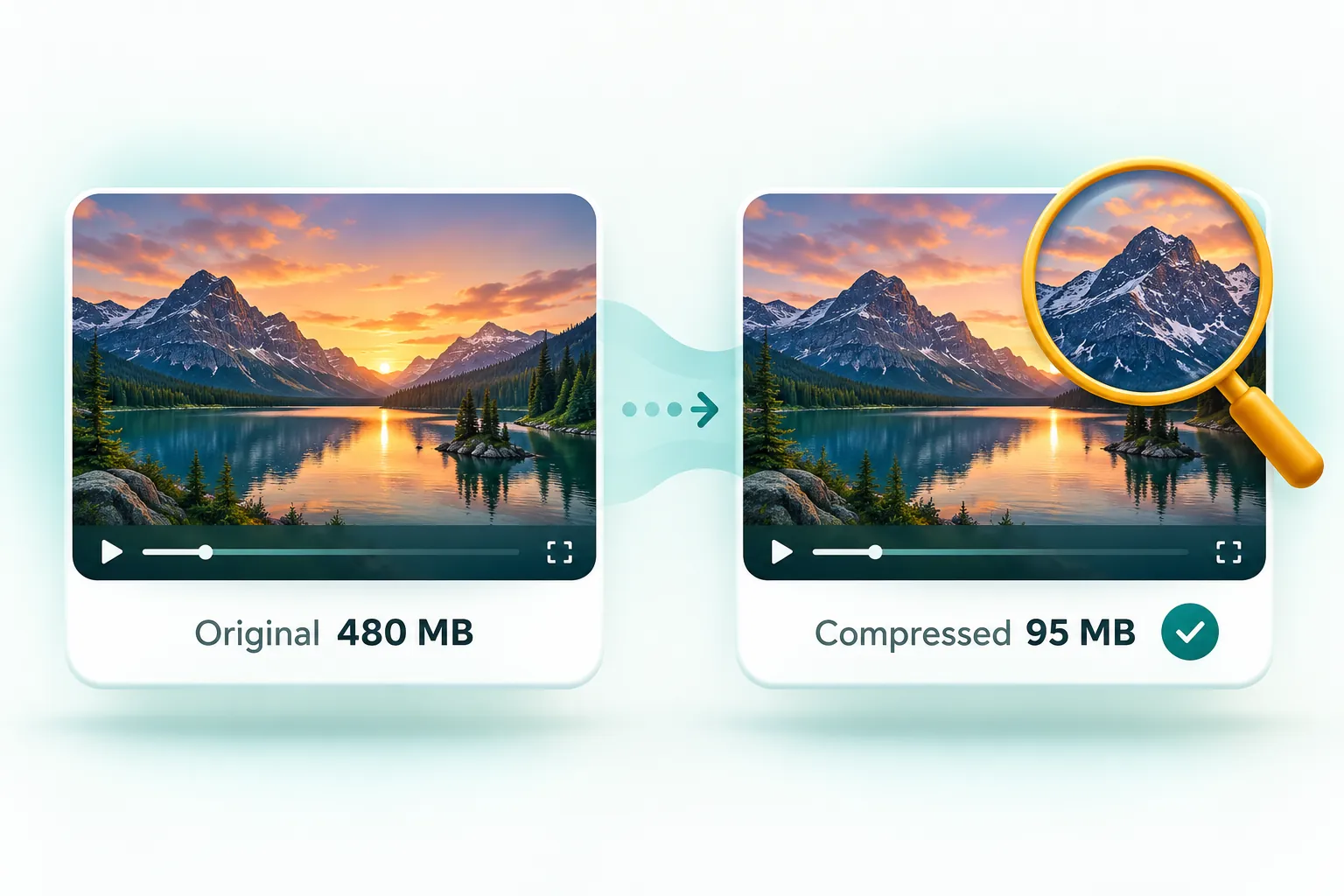 Side-by-side comparison of an original and compressed video frame that look identical, with file sizes shown