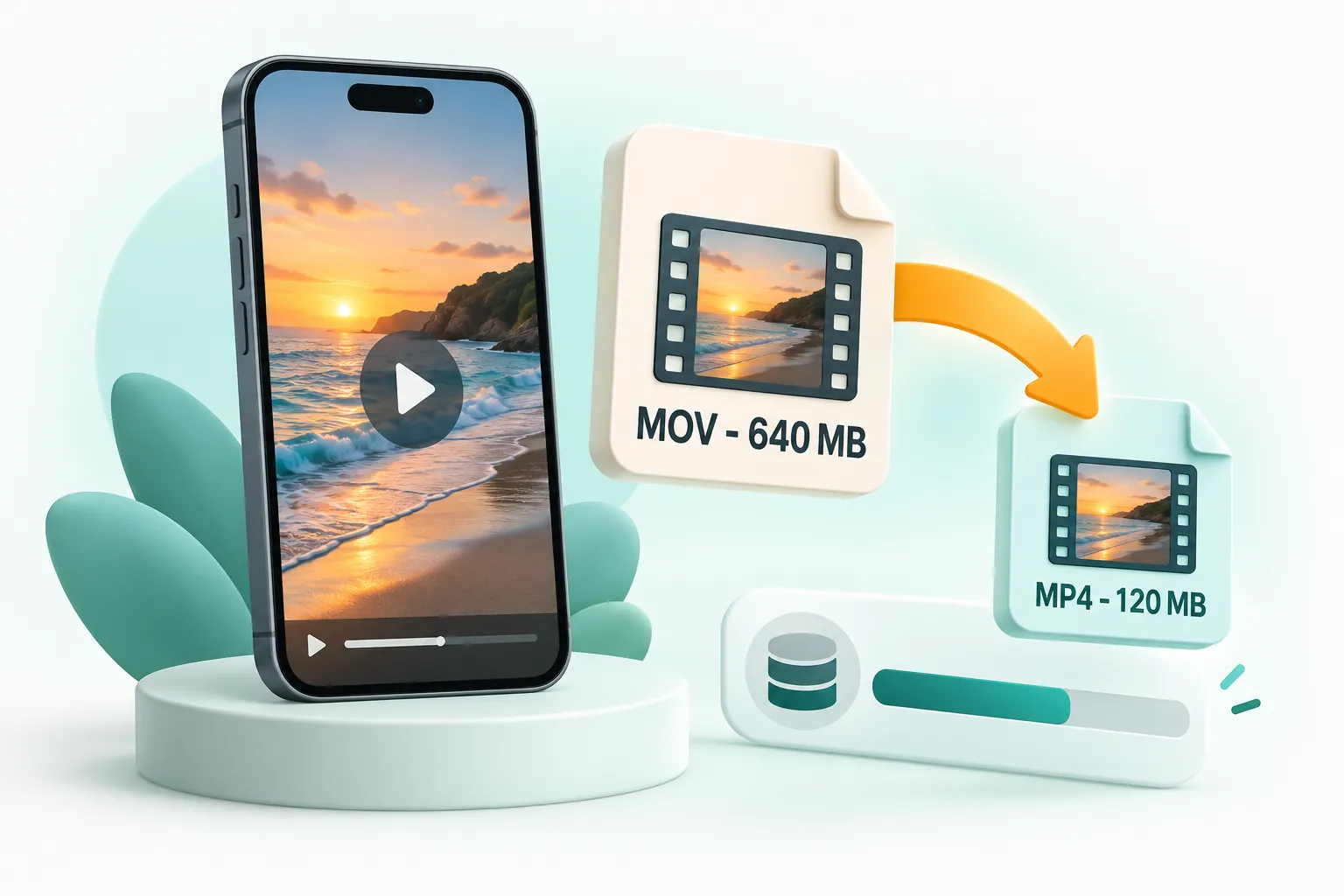 iPhone with a large MOV video file being converted into a smaller MP4 file