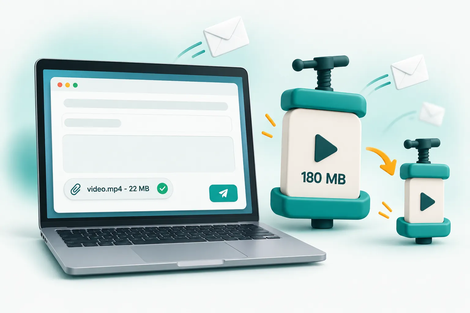 Laptop email window with a video attachment shrinking to fit under the 25 MB limit