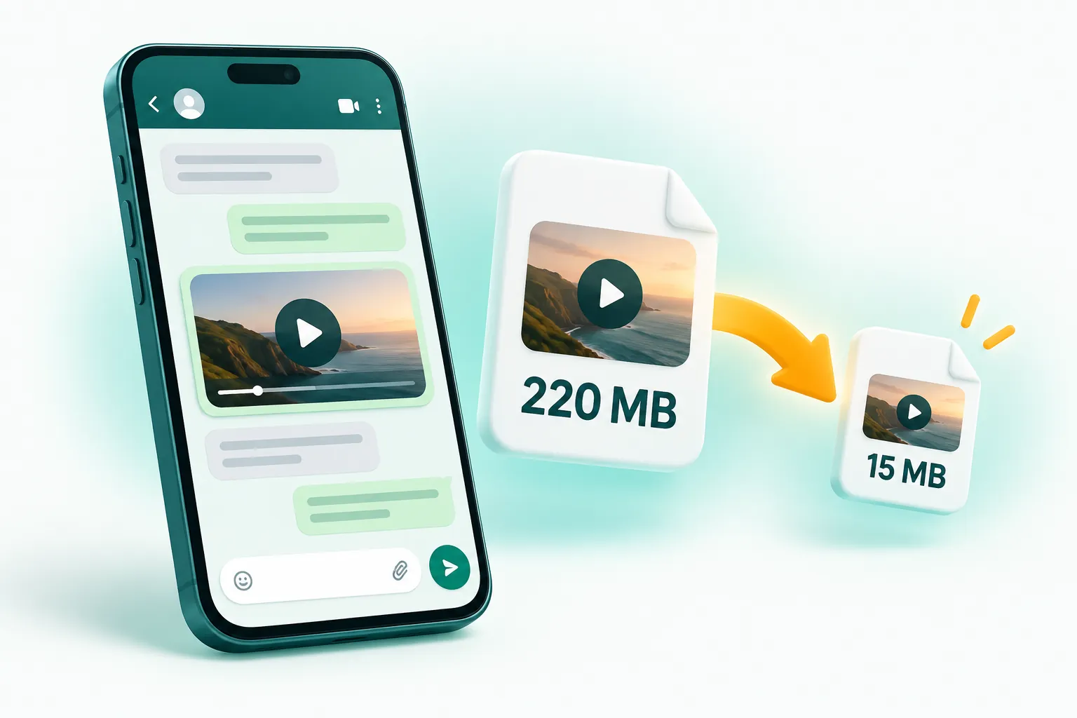 Phone showing a WhatsApp-style chat with a video being compressed under 16 MB